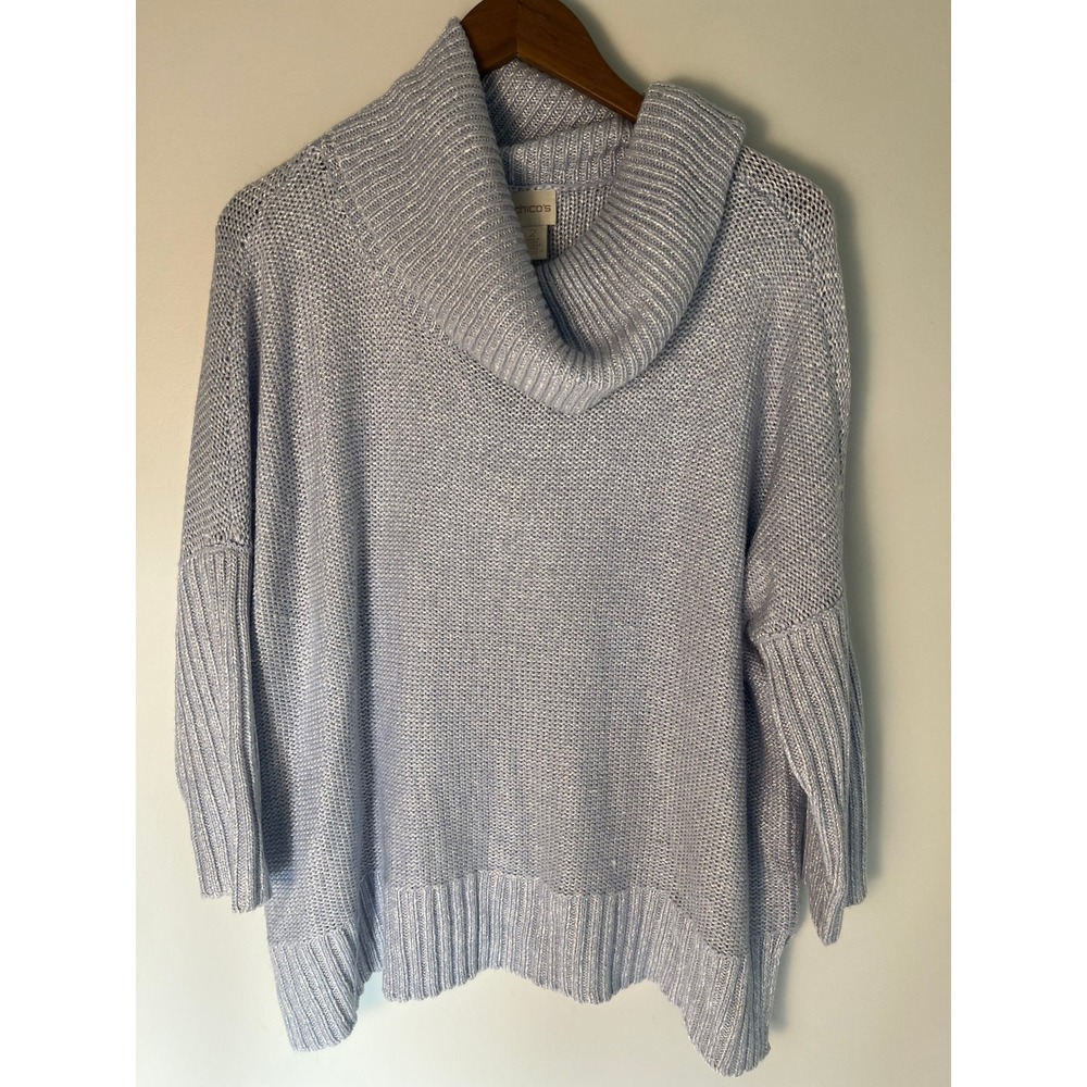 Chico's‎ 2/ LG Cowl Neck Sweater Blue Metallic Knit Ribbed Long Sleeve Pullover